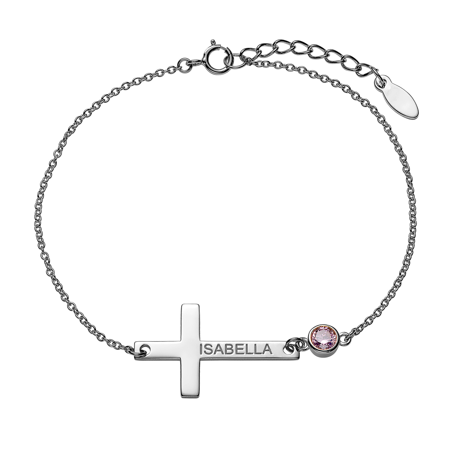 Sterling Silver Engraved Name Cross with Birthstone Bracelet