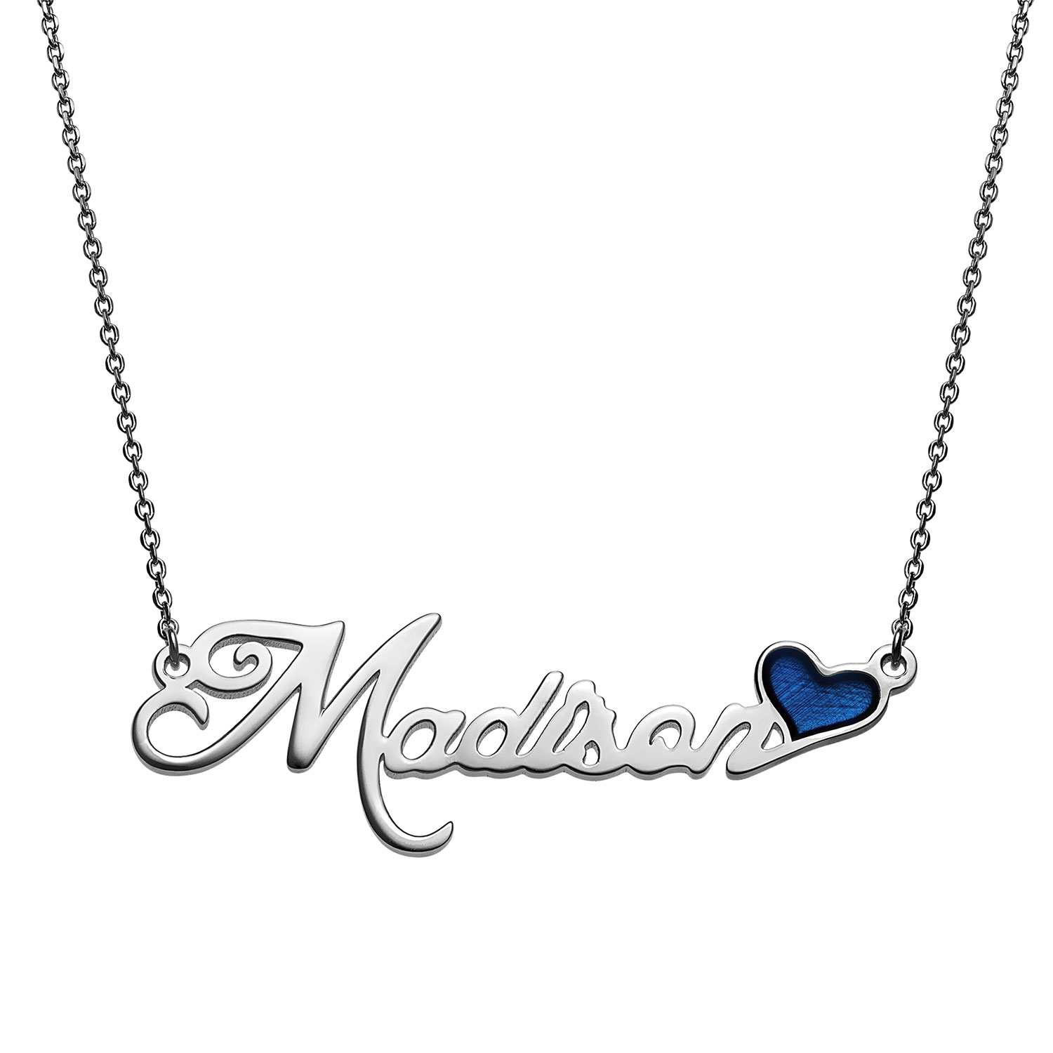 Script Name Plaque Necklace with Blue Enamel Heart