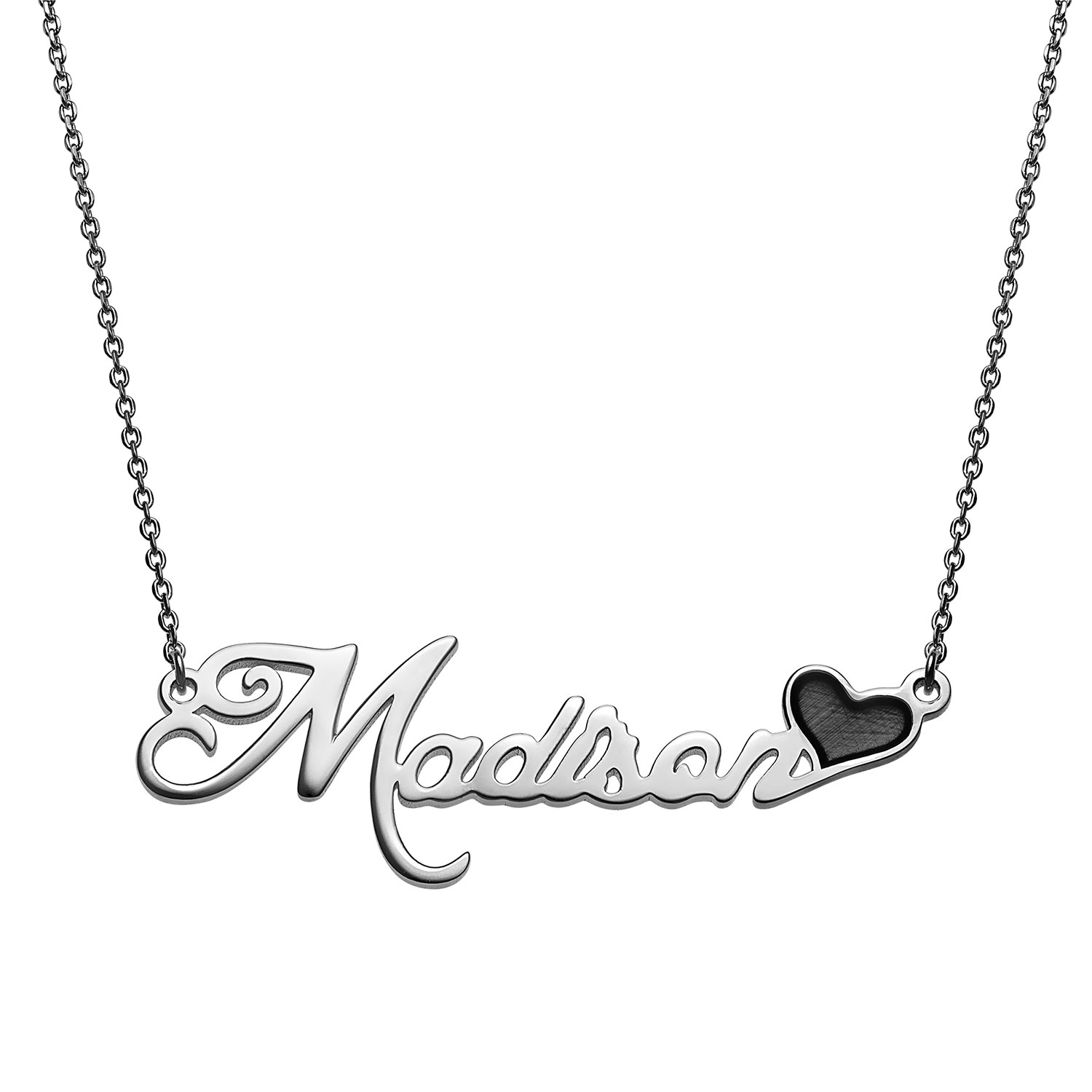 Script Name Plaque Necklace with Black Enamel Heart