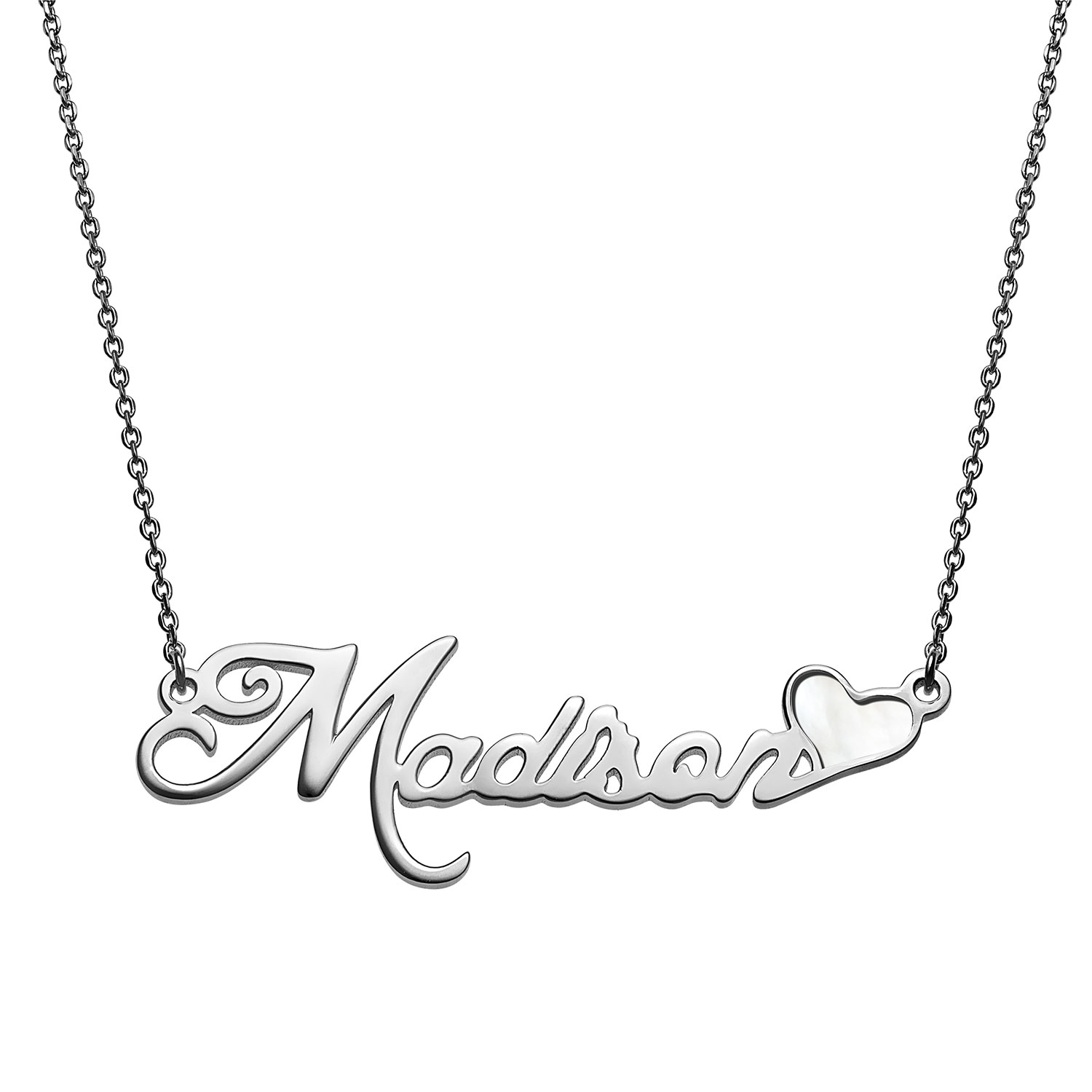 Script Name Plaque Necklace with White Enamel Heart