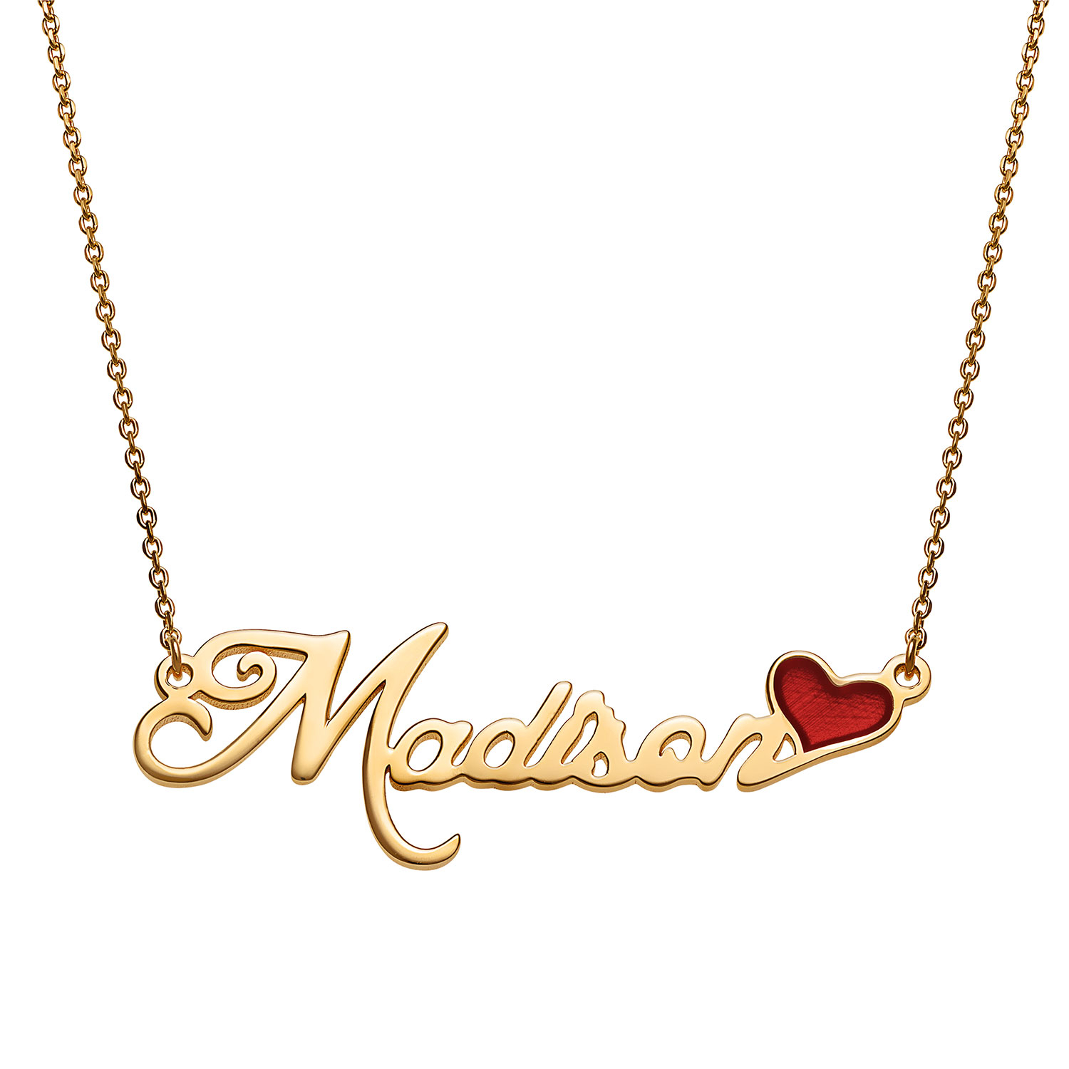 Script Name Plaque Necklace with Red Enamel Heart