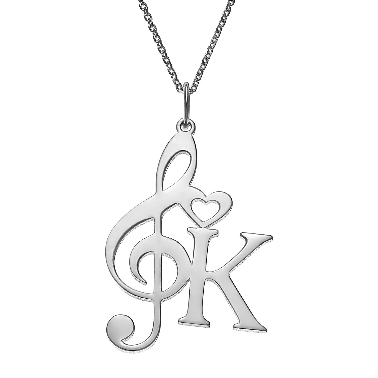 Sterling Silver Initial with Music Note and Heart Necklace