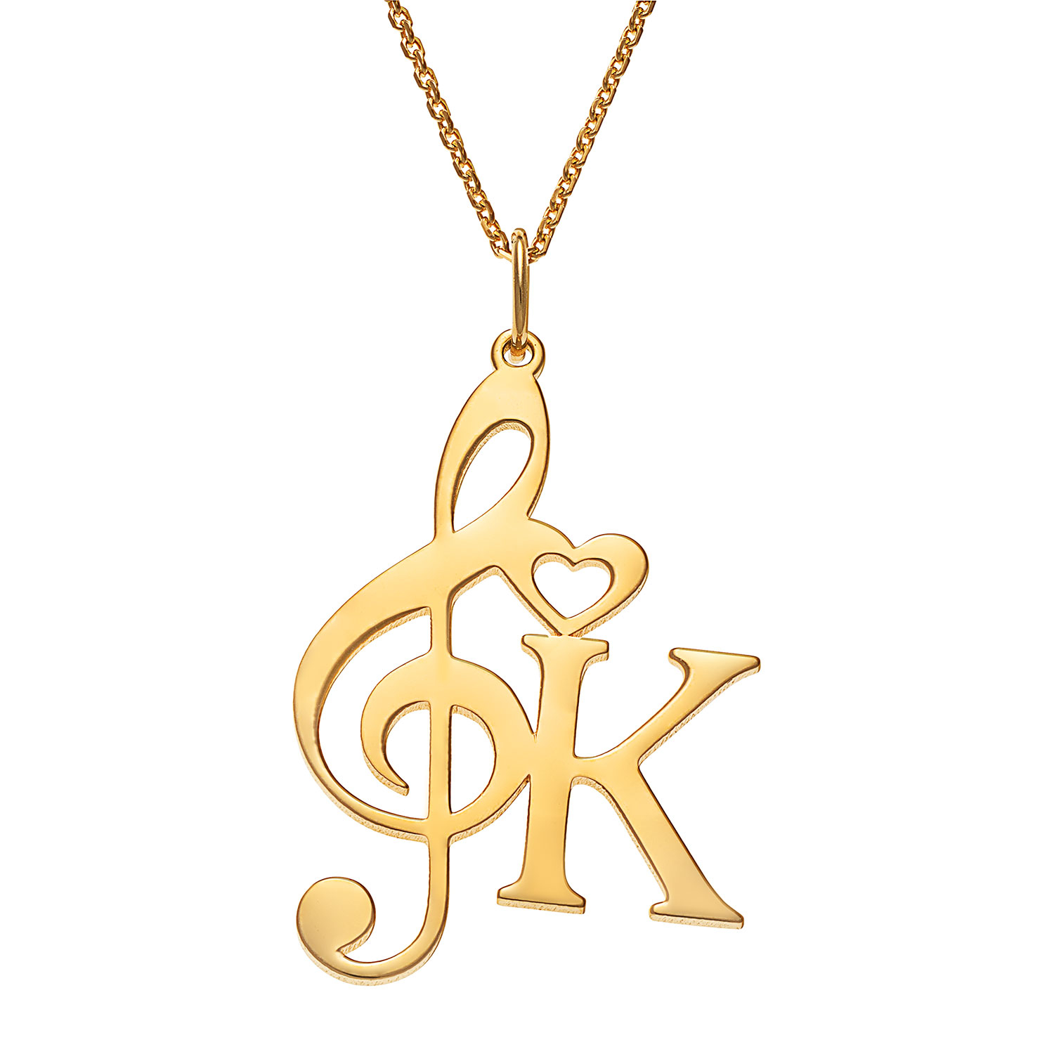 14K Gold over Sterling Initial with Music Note and Heart Necklace