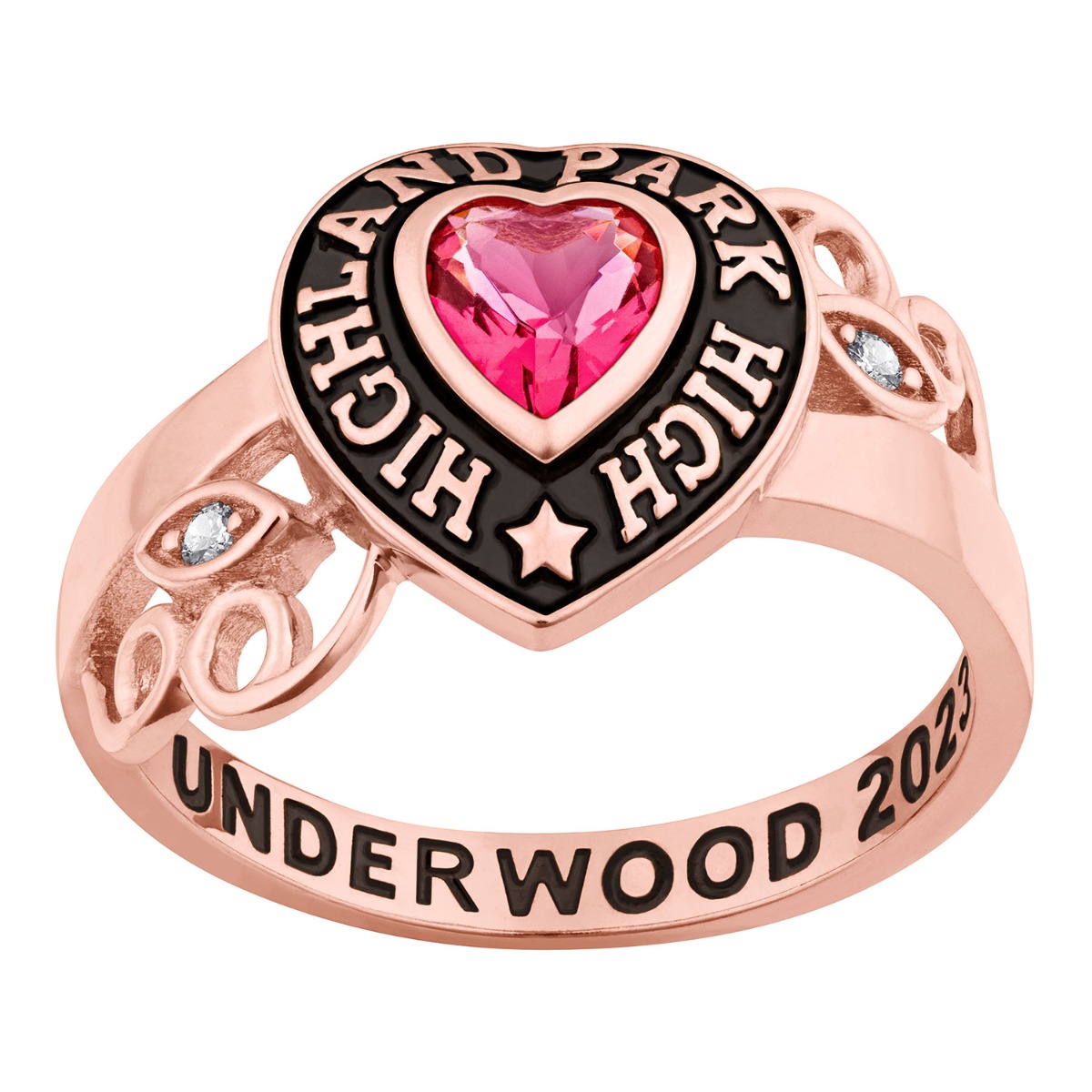 Ladies' Rose Gold Celebrium Heart Stone and CZ Swirl Class Ring