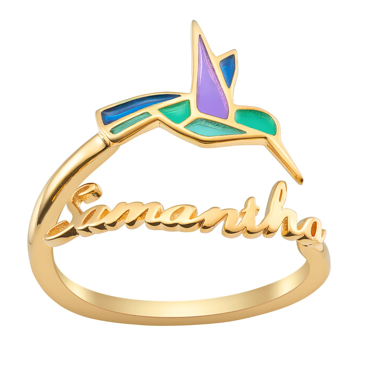 14K Gold Plated Script Name with Enamel Hummingbird Bypass Ring