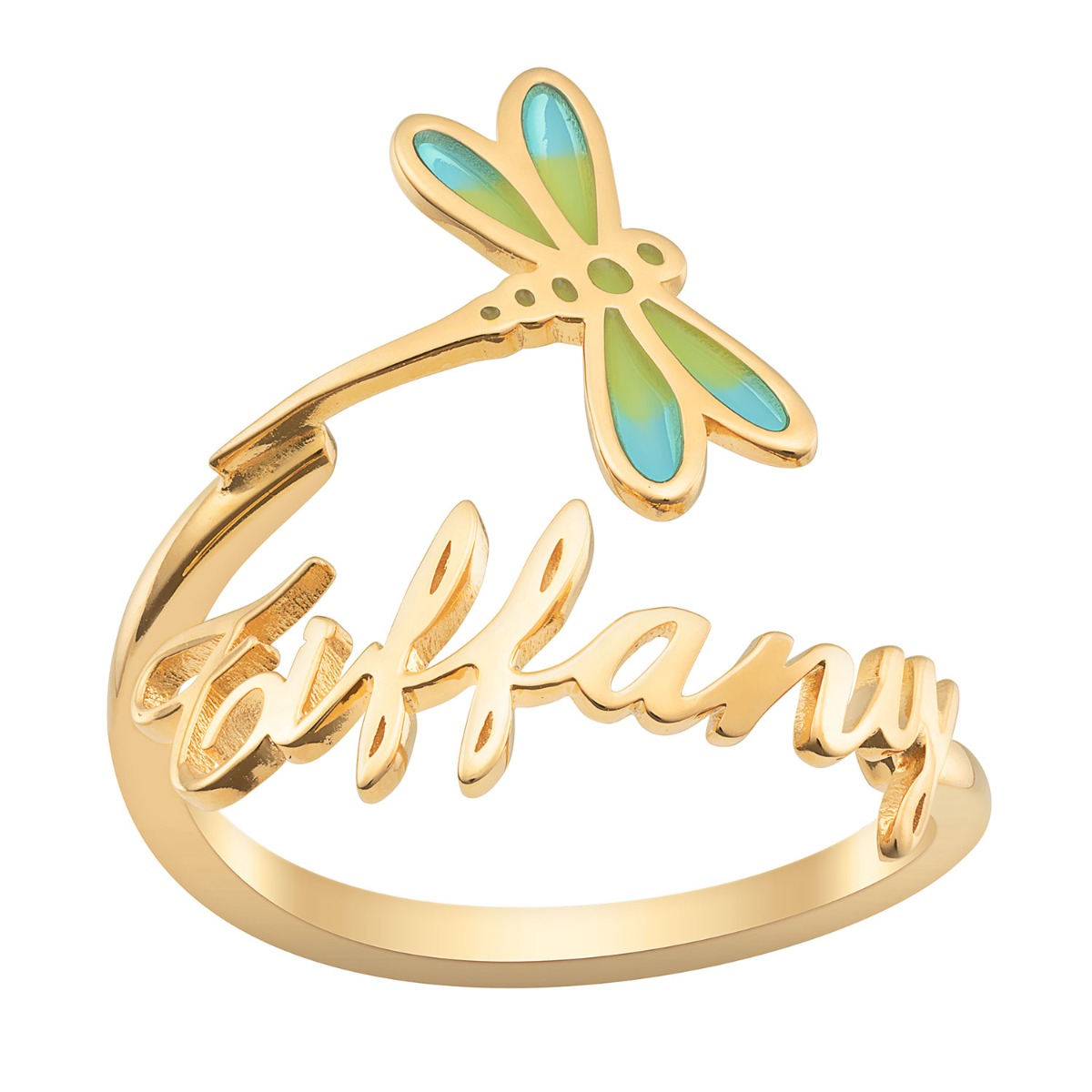 14K Gold Plated Script Name with Enamel Dragonfly Bypass Ring