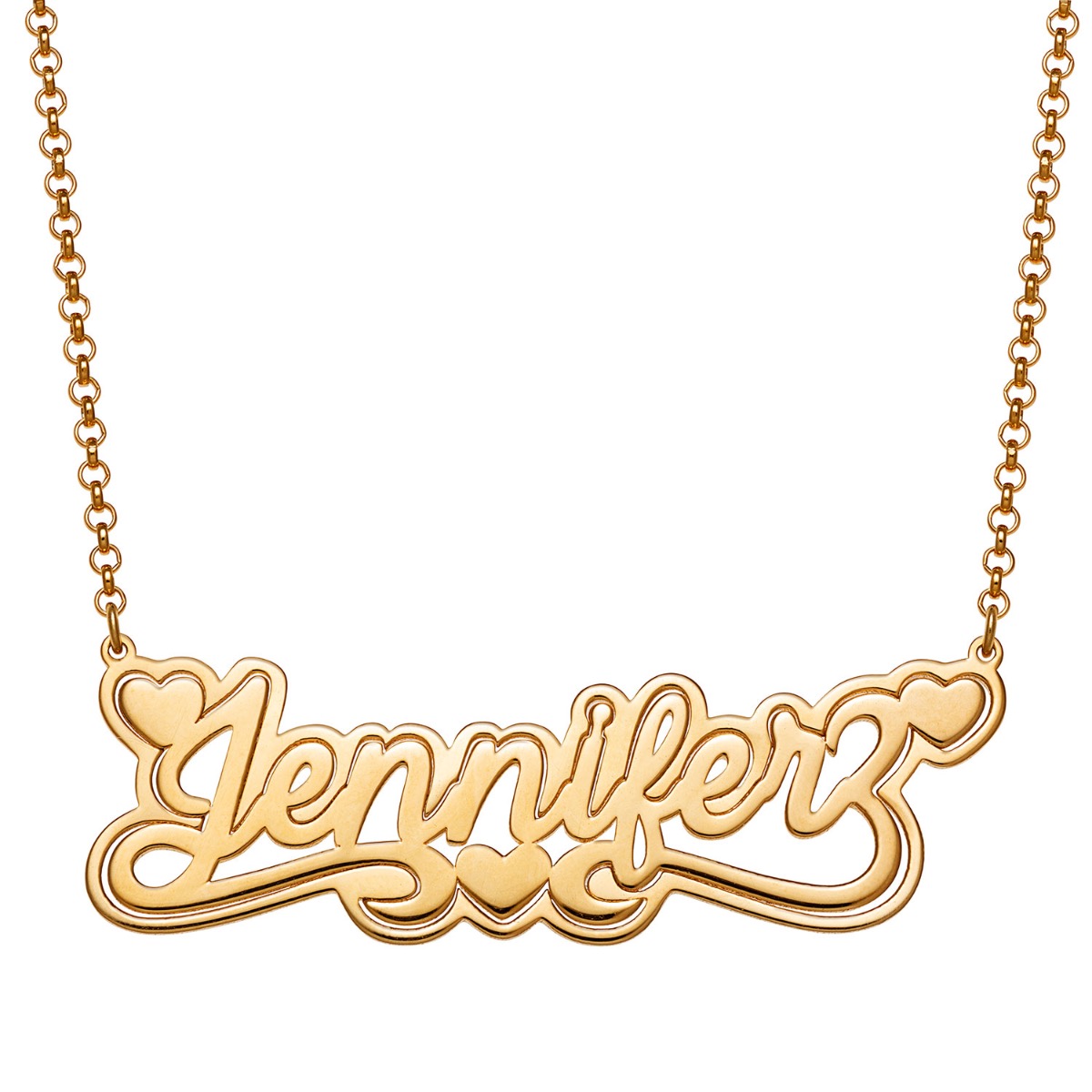 14K Gold over Sterling Name with Outline Necklace with Heart Swirl