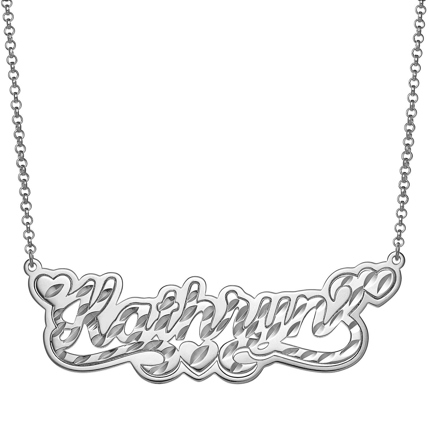 Sterling Silver Name with Diamond Cut and Heart Swirl Necklace