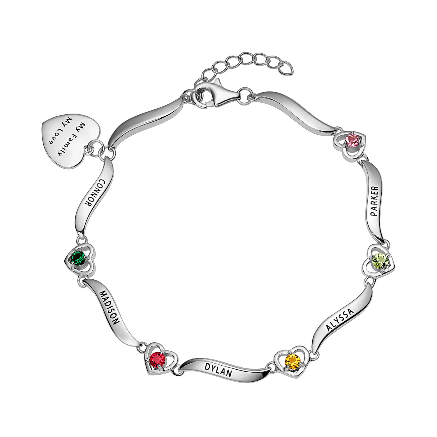 Family Name and Birthstone Bracelet with Heart Charm