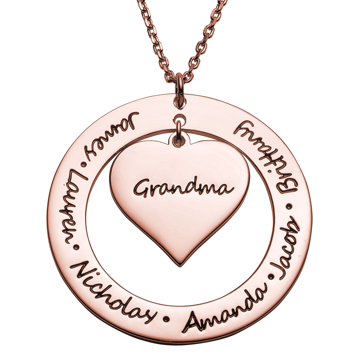 14K Rose Gold over Sterling Engraved Family Name Heart and Circle Necklace