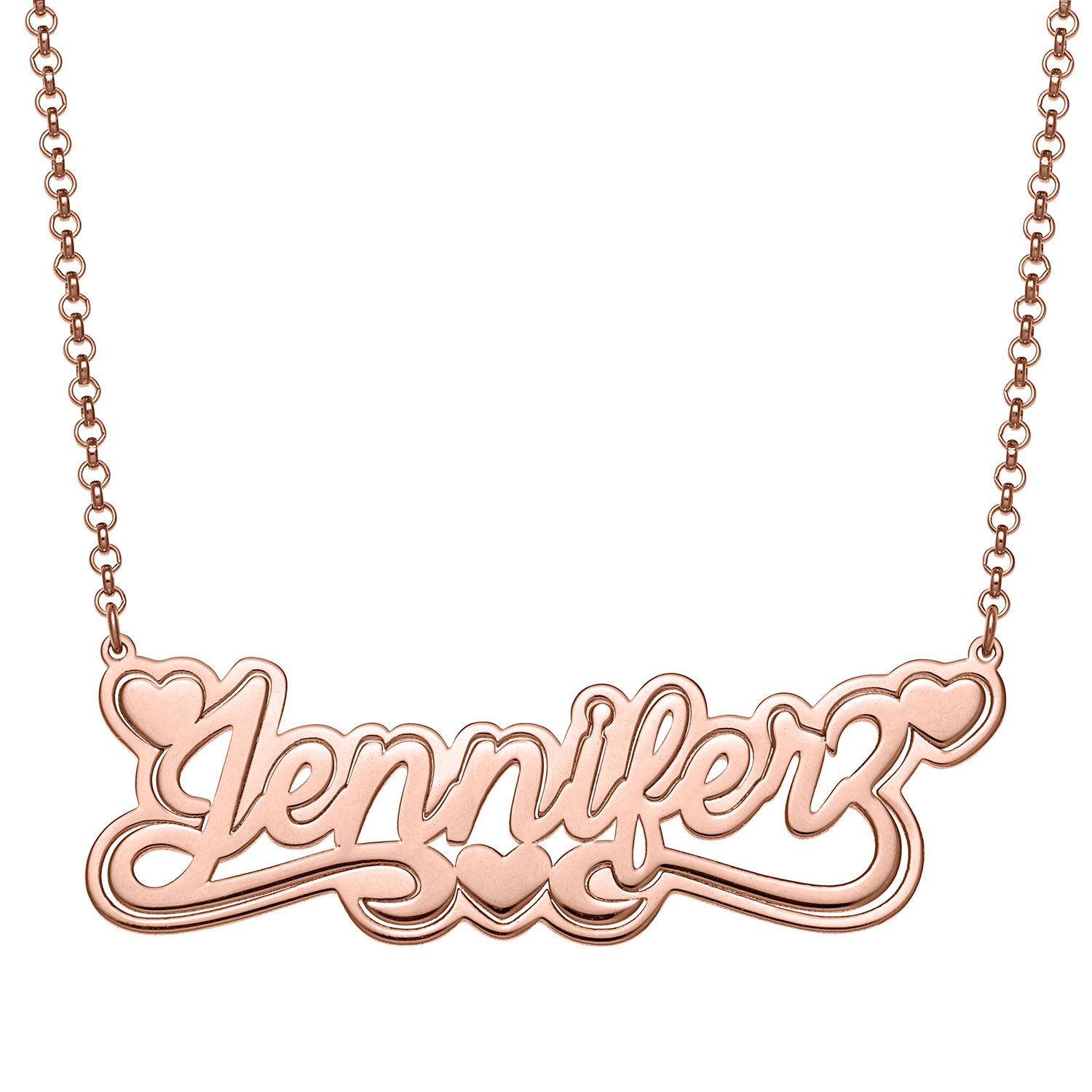 14K Rose Gold over Sterling Name with Outline Necklace with Heart Swirl