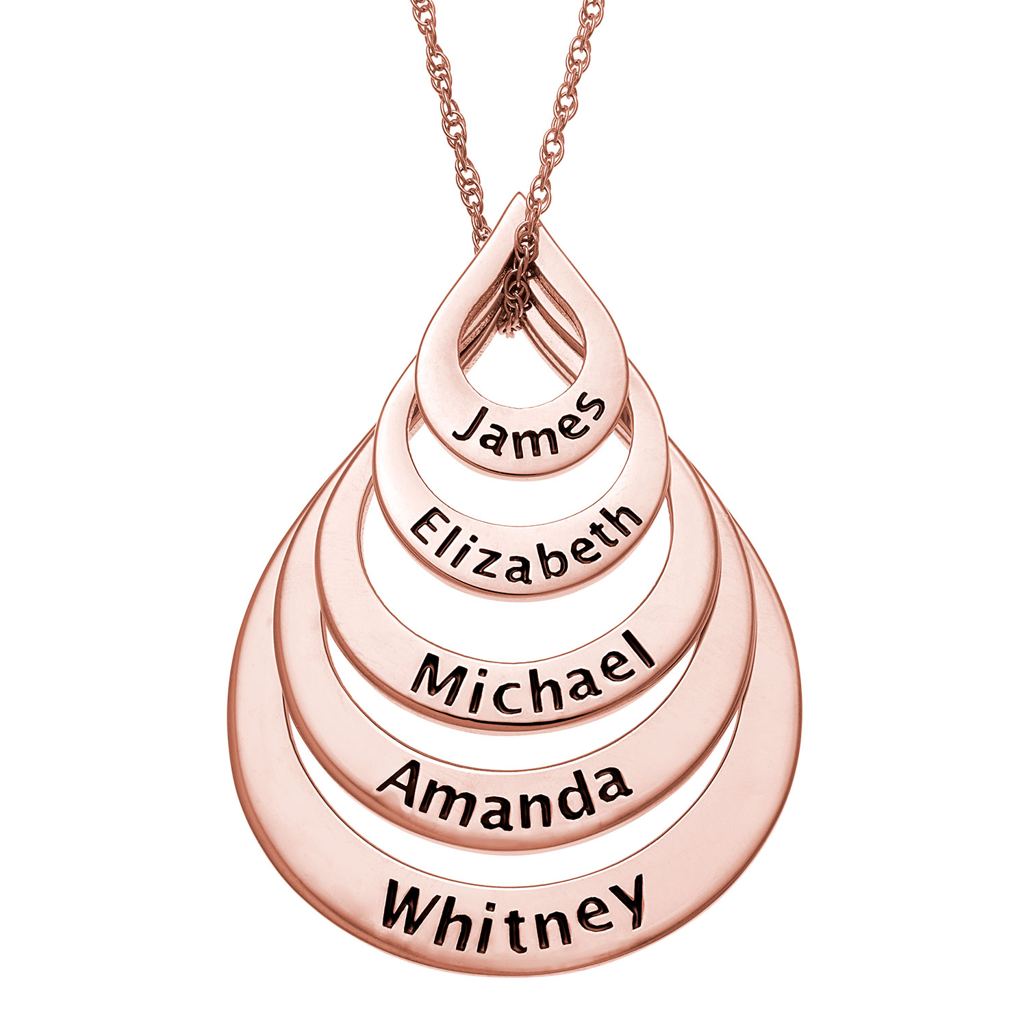 14K Rose Gold over Sterling Nesting Teardrop with Names Necklace - 5 Names