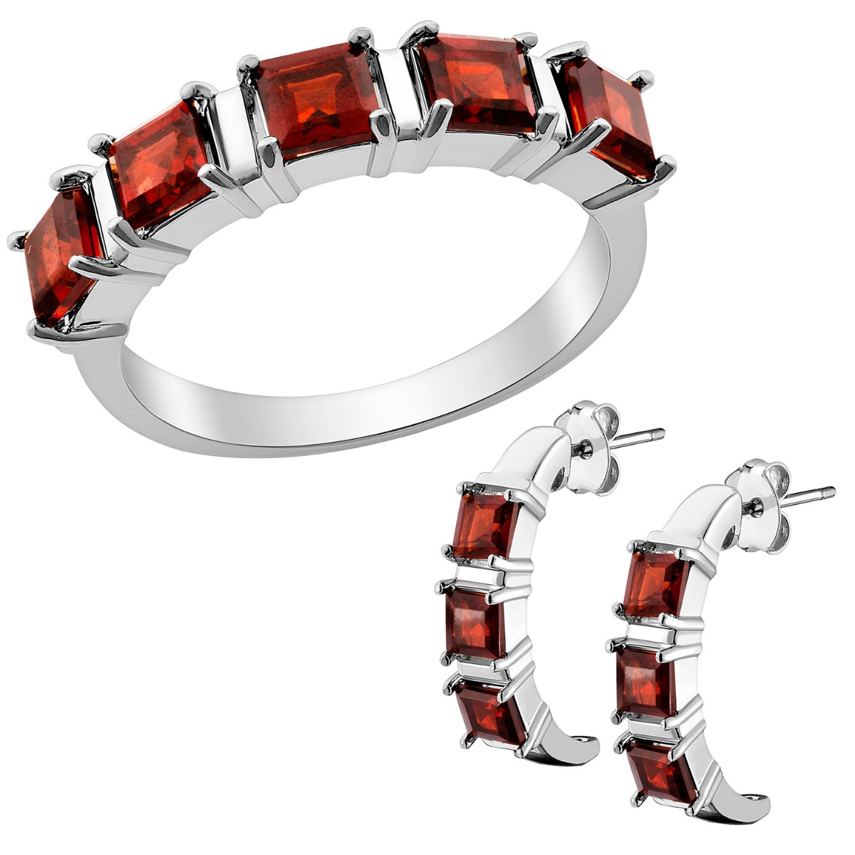 Silver Plated Genuine Garnet Ring and Earrings Set