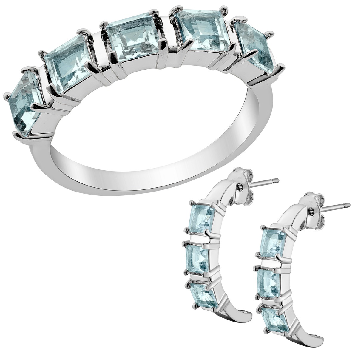 Silver Plated Genuine Blue Topaz Ring and Earrings Set