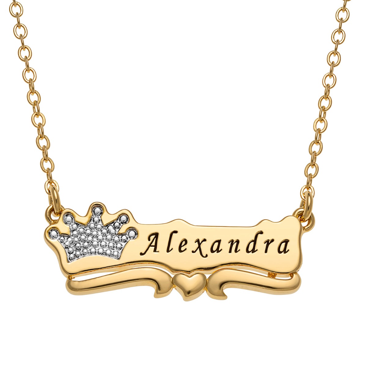 Two Tone Engraved Name with Crown Plaque Necklace