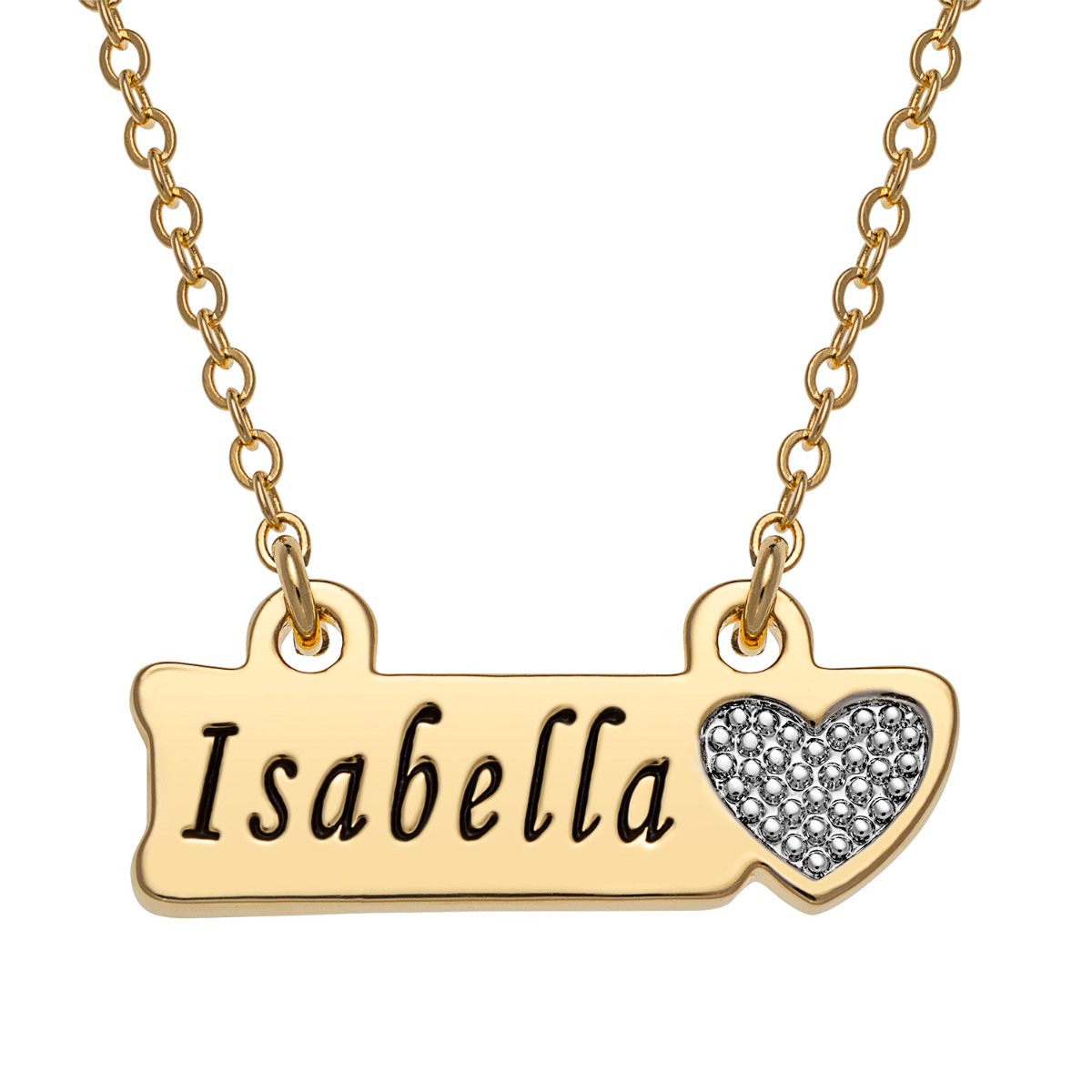 Two Tone Engraved Name with Heart Plaque Necklace