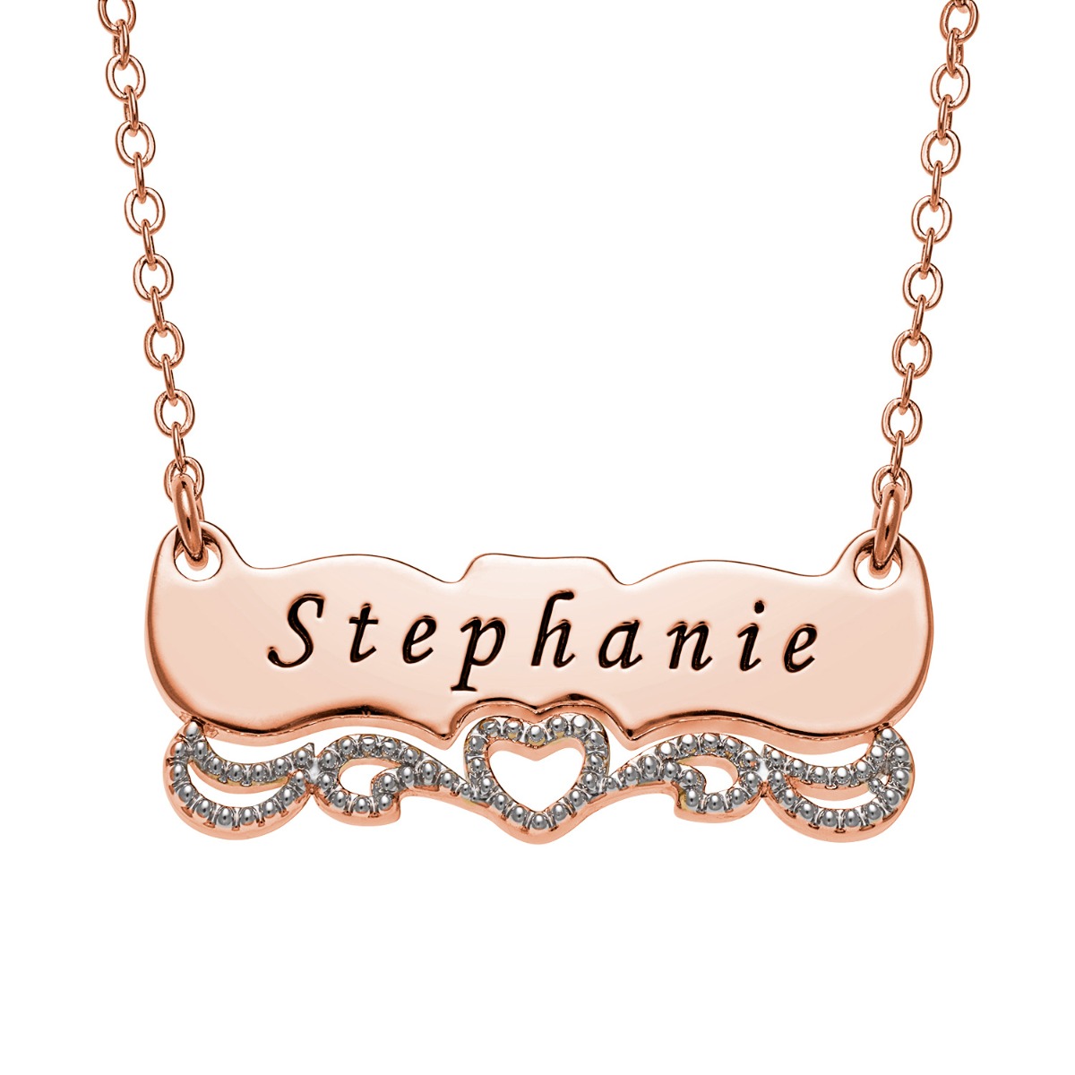 Two Tone Engraved Name with Heart Scroll Plaque Necklace