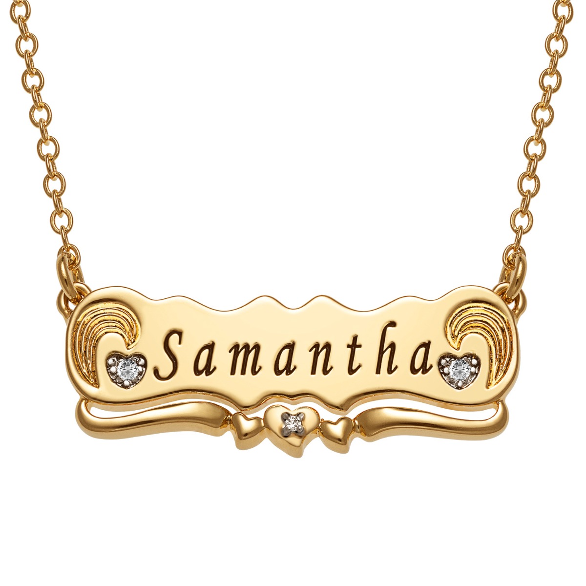 Two Tone Engraved Name with Diamond Accent Plaque Necklace