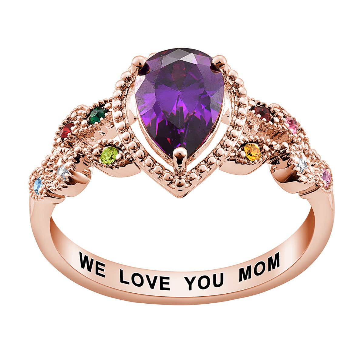 14K Rose Gold Plated Mother's Pear Family Birthstone Ring 