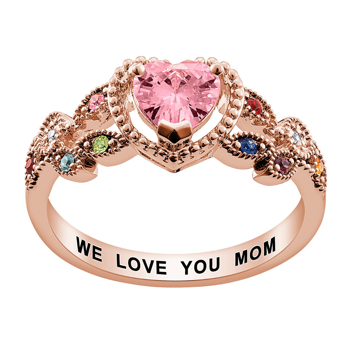 14K Rose Gold Plated Mother's Heart Family Birthstone Ring 