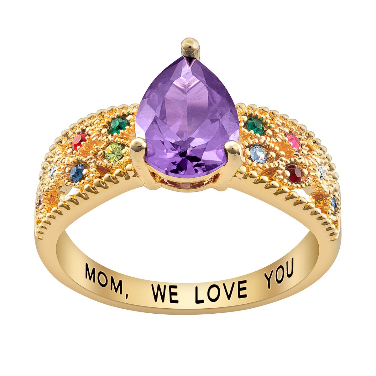 14K Gold Plated Mother's Pear Family Birthstone Ring