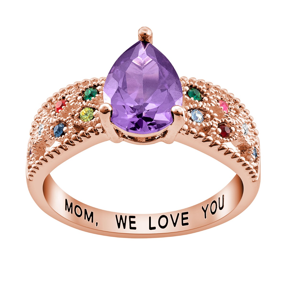14K Rose Gold Plated Mother's Pear Family Birthstone Ring