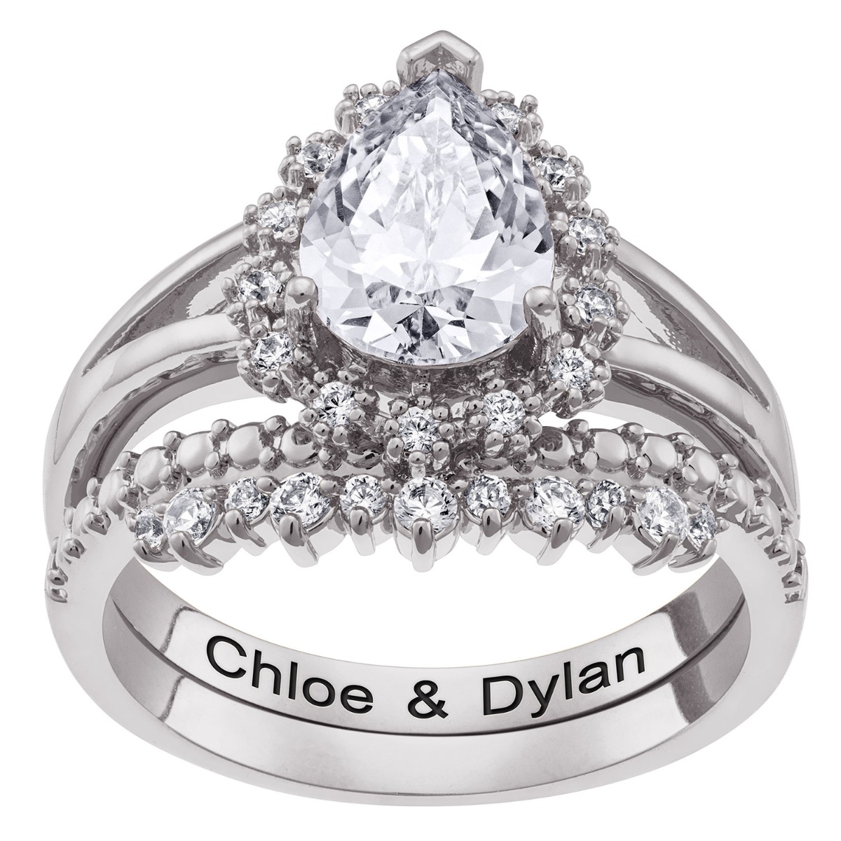 Silver Plated Tear Stone 2 Piece Wedding Ring Set