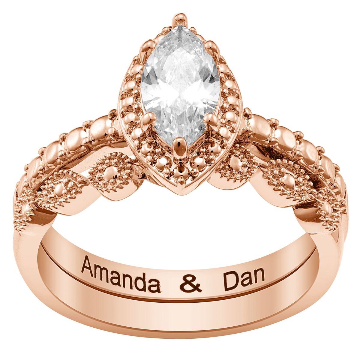 14K Rose Gold Plated Marquise Stone 2 Piece Wedding Ring Set