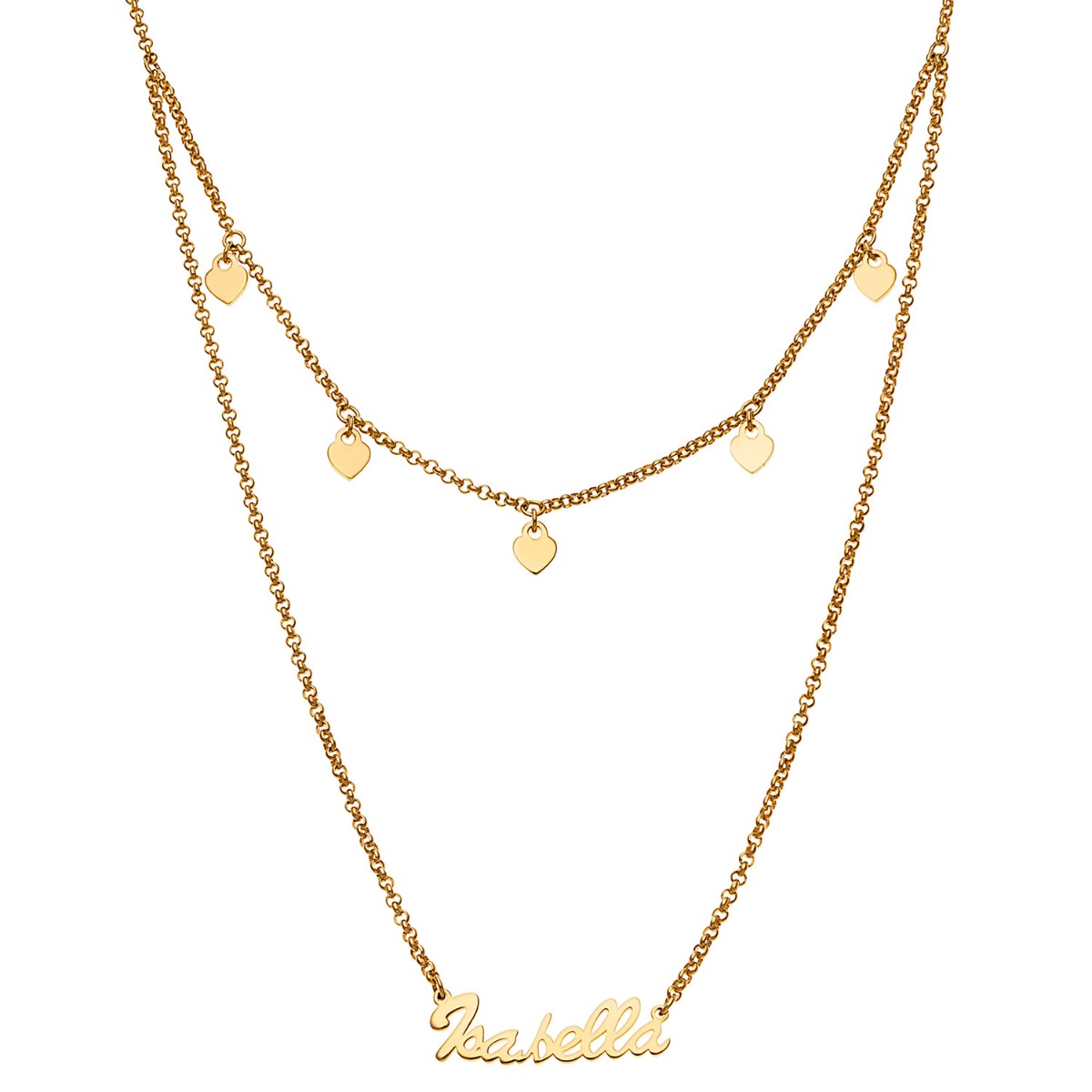 Goldtone Layered Name Necklace with Heart Charms
