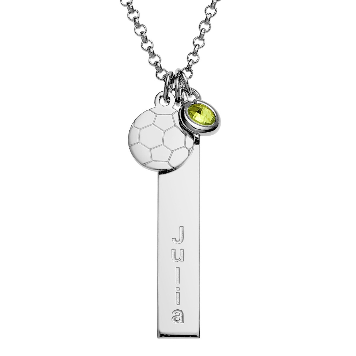 Silvertone Name Necklace with Soccer Ball Charm and Birthstone Dangle