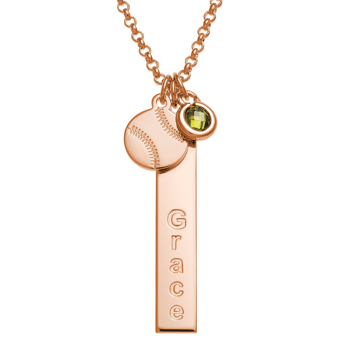 Rose Goldtone Name Necklace with Baseball Charm and Birthstone Dangle