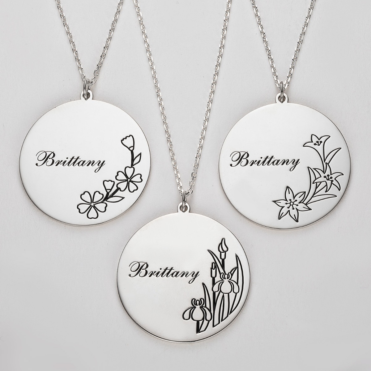 Silver Plated Engraved Name and Birth Flower Necklace 