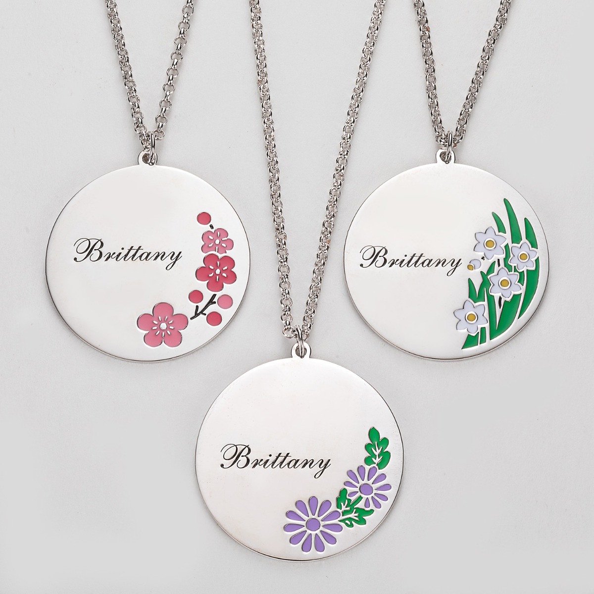 Silver Plated Engraved Name and Enamel Birth Flower Necklace 