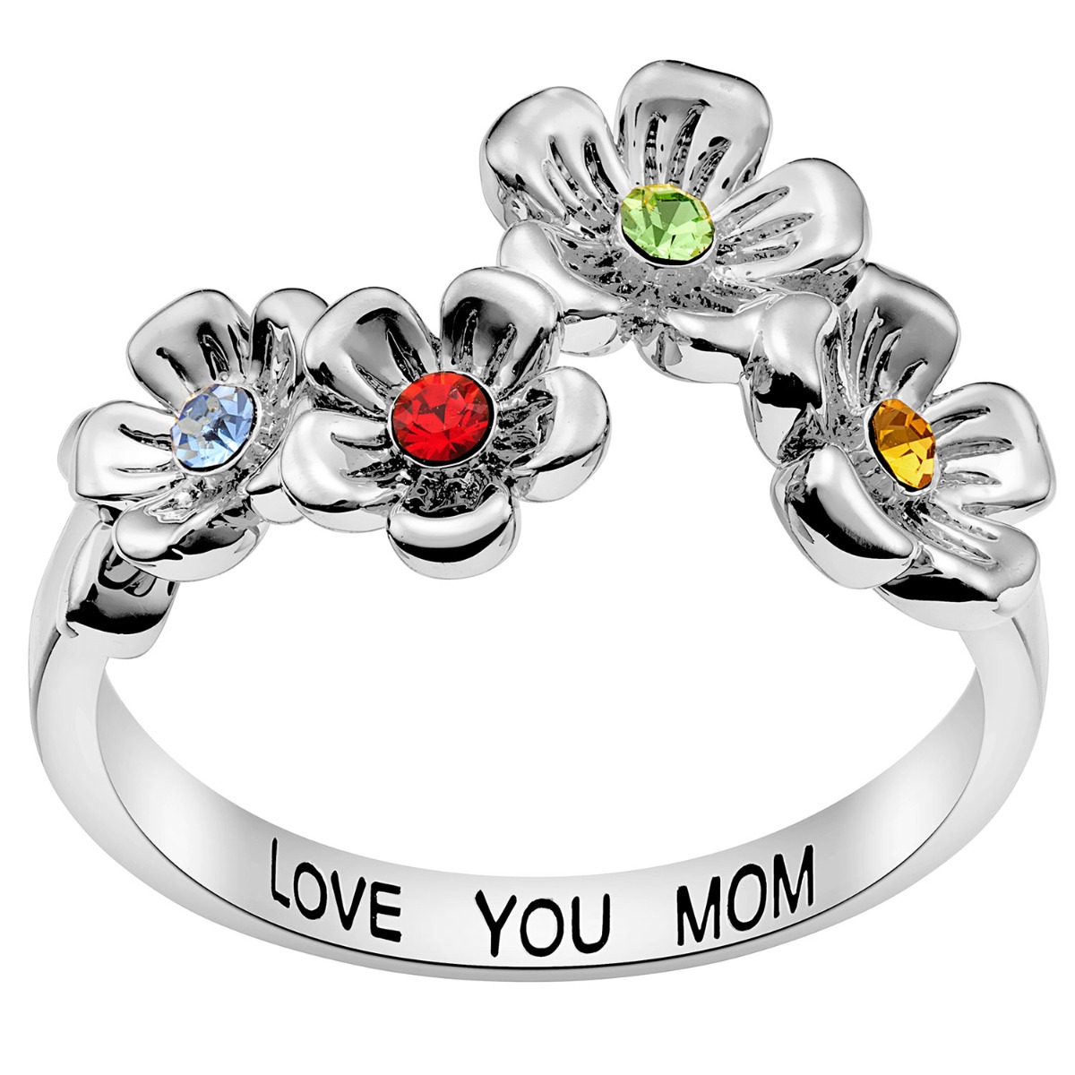 Silver Flower Birthstone Family Ring
