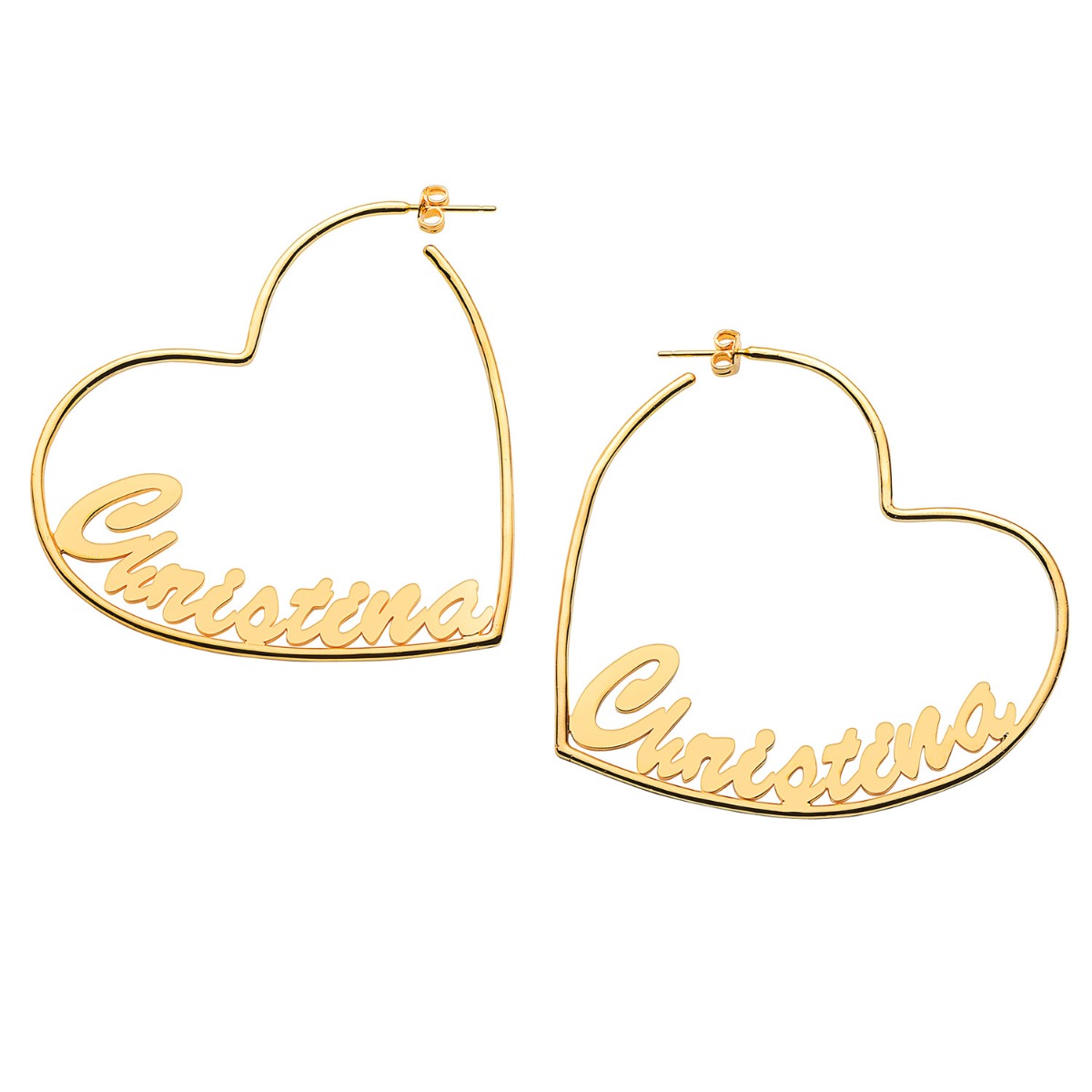14K Gold Plated Personalized Script Nameplate Large Heart Hoop Earrings