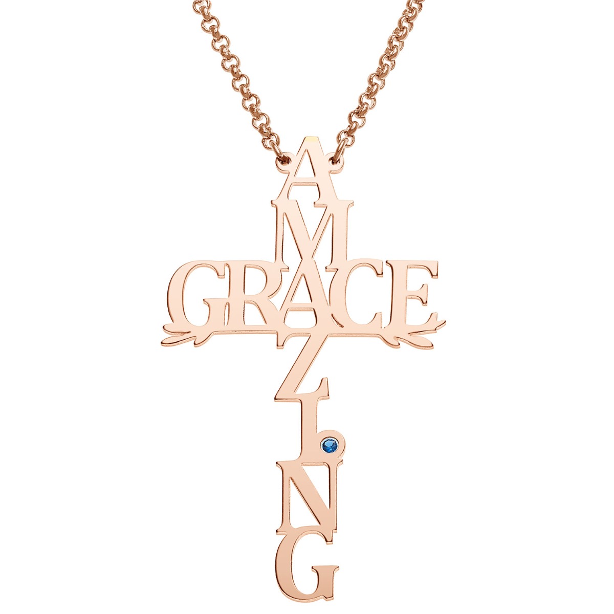 14K Rose Gold Plated Amazing Grace Cross with Birthstone Necklace