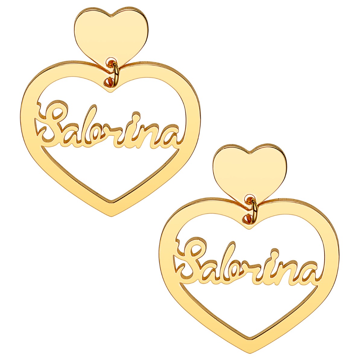 14K Gold Plated Script Name Double Heart Dangle Earrings