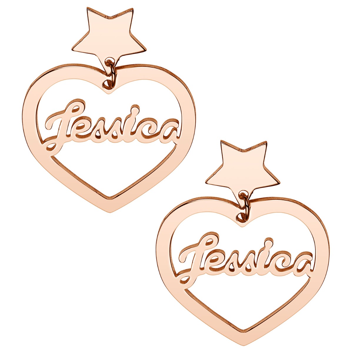 14K Rose Gold Plated Script Name Heart with Star Dangle Earrings