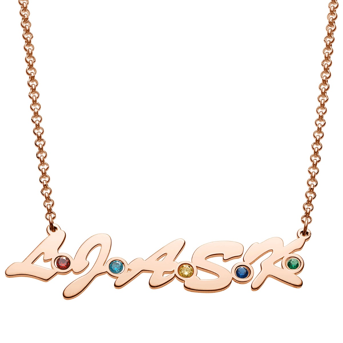 14K Rose Gold Plated Family Initials and Birthstones Necklace 