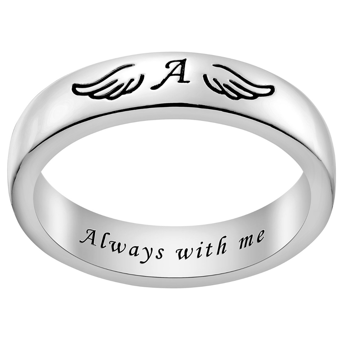 Silvertone Initial and Angel Wing Memorial Ring