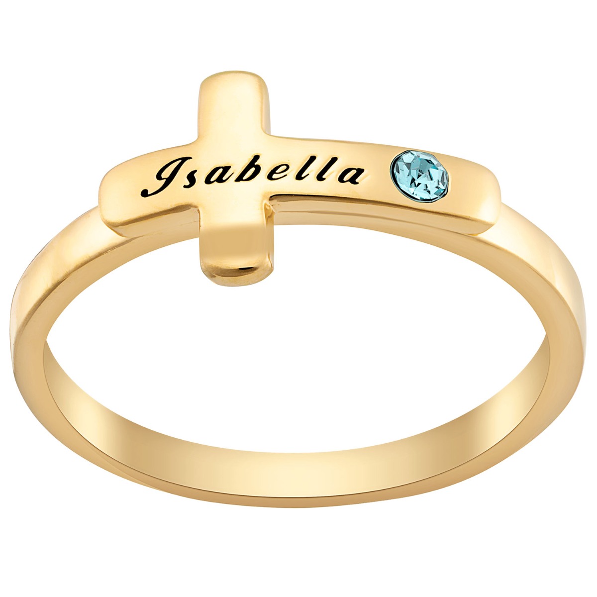 14K Gold Plated Engraved Name and Birthstone Cross Ring