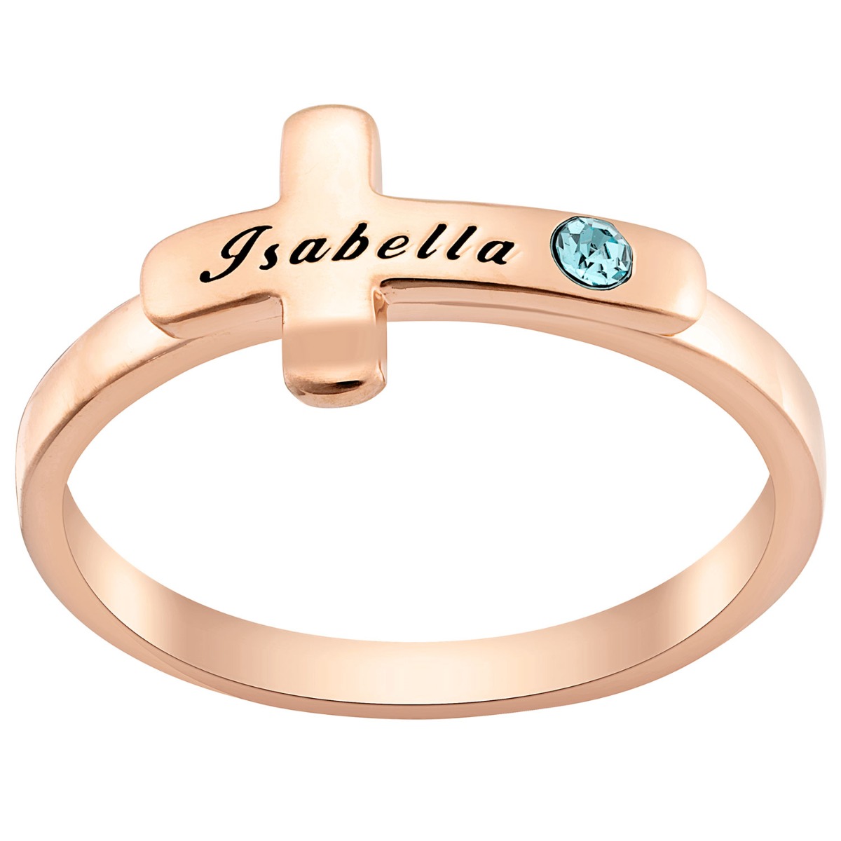 14K Rose Gold Plated Engraved Name and Birthstone Cross Ring