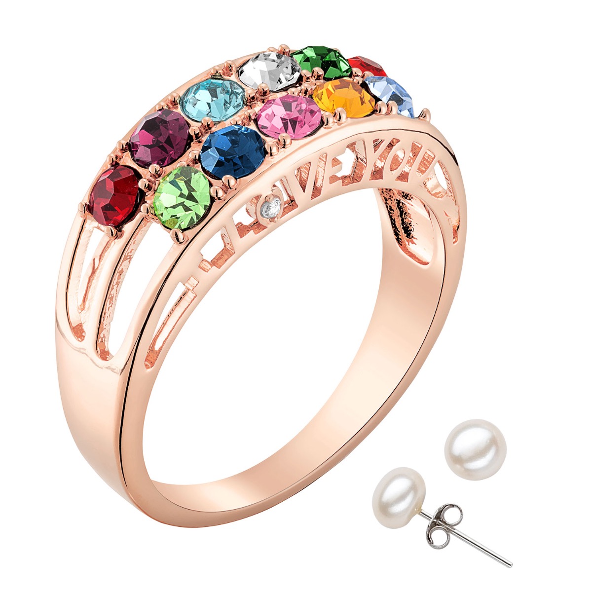 14K Rose Gold Plated I Love You Family Birthstone and Diamond Accent Ring with Free Pearl Earrings - Pierced