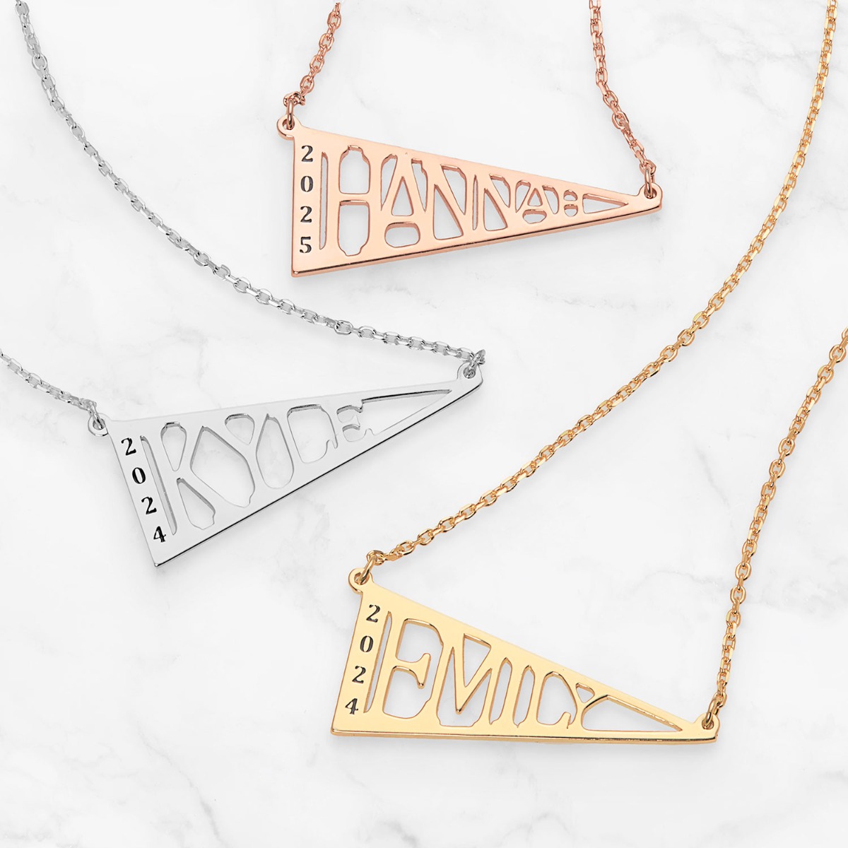 Sterling Silver Name Pennant with Engraved Year Necklace