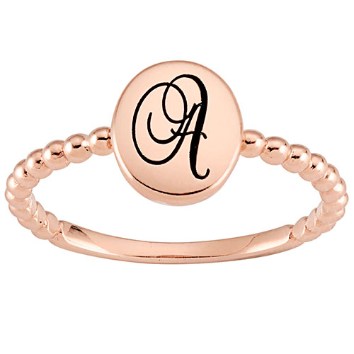 14K Rose Gold Plated Engraved Script Initial Beaded Ring