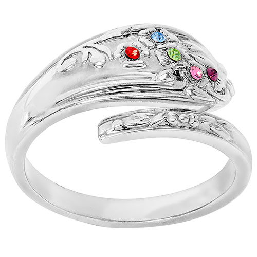 Silver Plated Family Birthstone Bypass Spoon Ring