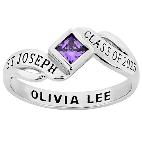 Sterling Silver Ladies Bypass Princess Cut Birthstone Fashion Class Ring