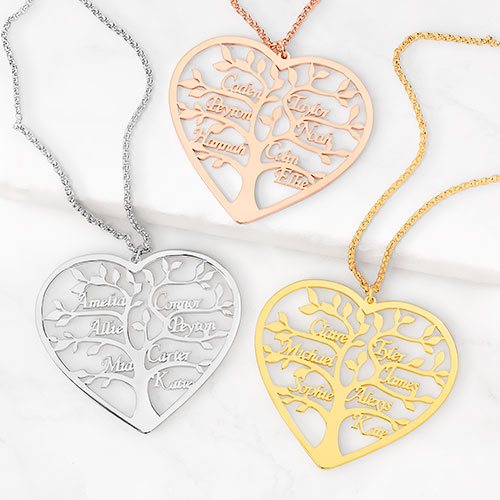 Sterling Silver Heart Family Tree Name Necklace