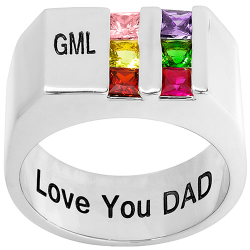 Silver Plated Engraved Double Row Birthstones Signet Ring 