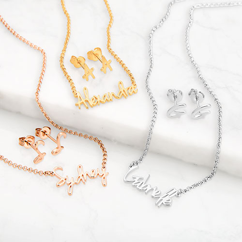 Sterling Silver Petite Script Name Necklace and Initial Earring Set
